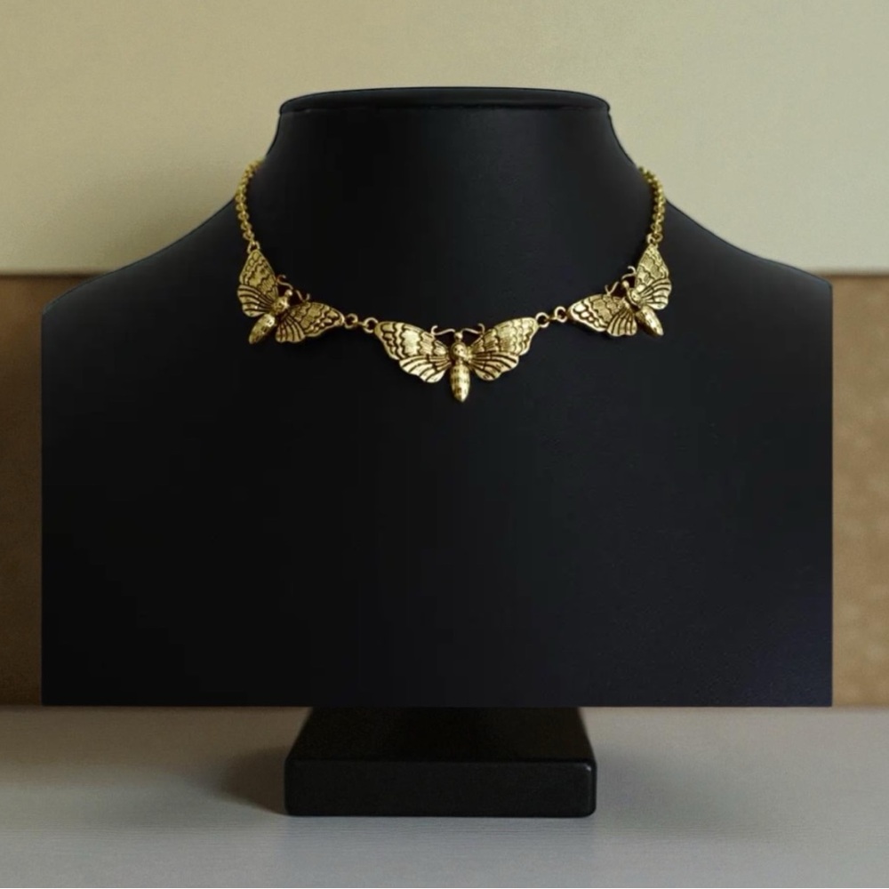 NWT antique gold tone Deaths Head Moth necklace new with tags goth horror